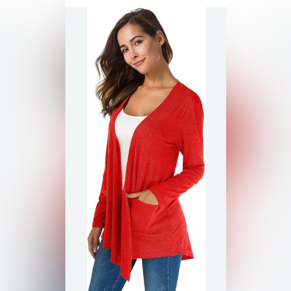 Red cardigan. Perfect for office . Light enough for warmer days of fall
